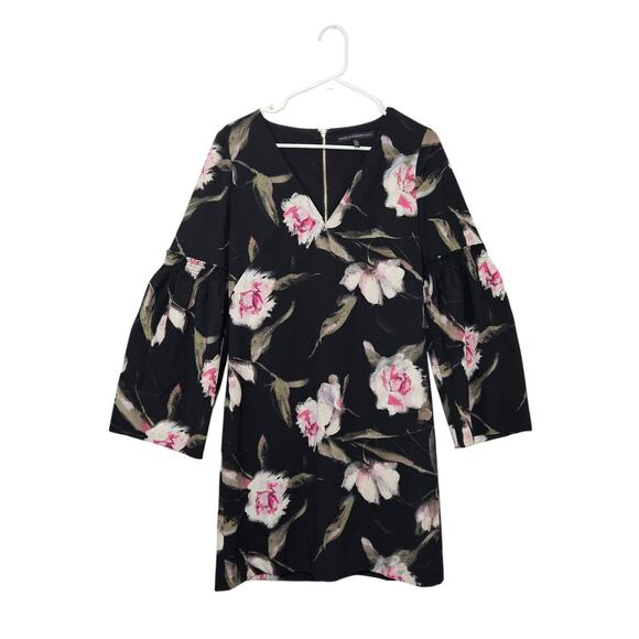 White House Black Market Long Bell Sleeve Floral Shift Dress V Neck Size 4 Small - Picture 4 of 9